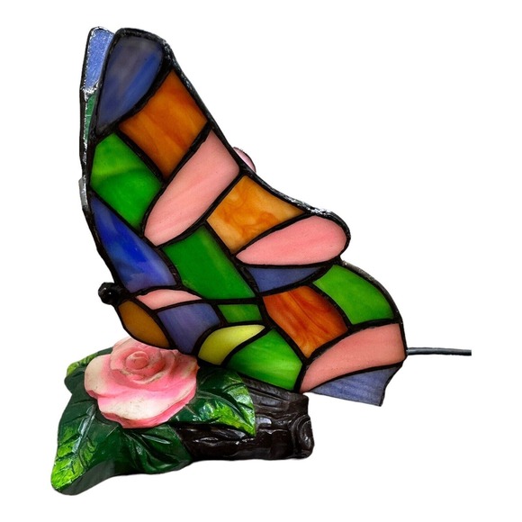 BUTTERFLY Tiffany Style Stained Glass Table Shelf Lamp Night Light 7" Tall - Picture 3 of 6